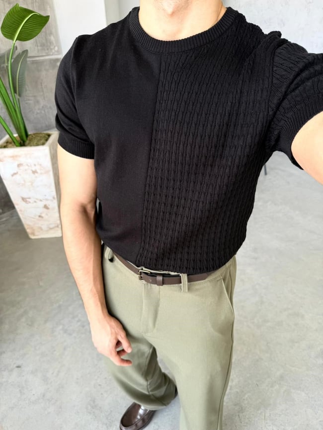 Contrast Dokulu Premium Triko T - Siyah
