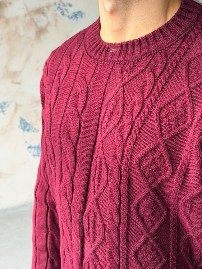 Crop Kesim Örgü Desenli Triko Bordo