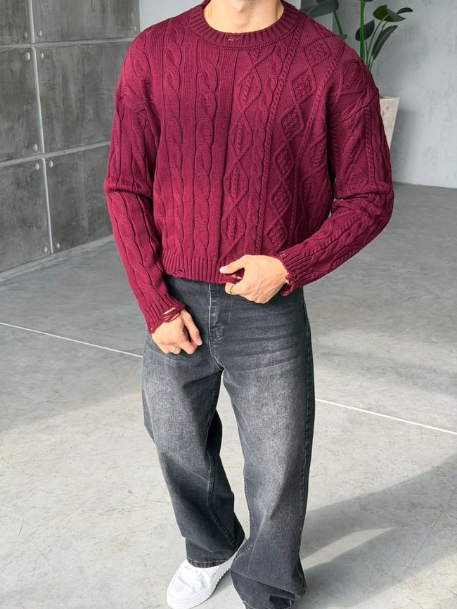 Crop Kesim Örgü Desenli Triko Bordo