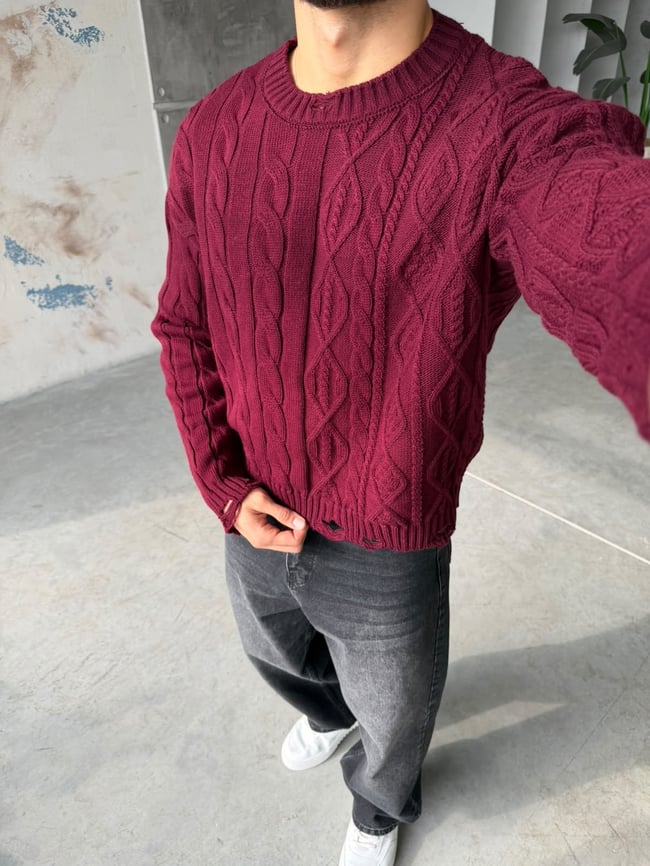 Crop Kesim Örgü Desenli Triko Bordo