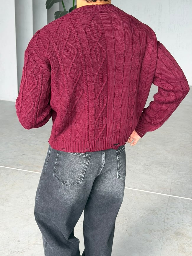 Crop Kesim Örgü Desenli Triko Bordo