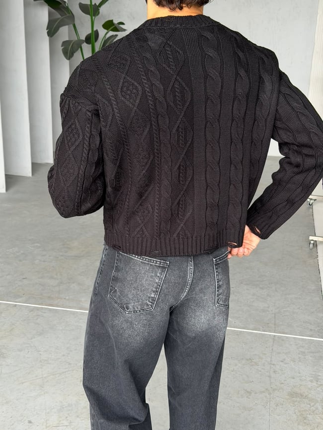 Crop Kesim Örgü Desenli Triko Siyah