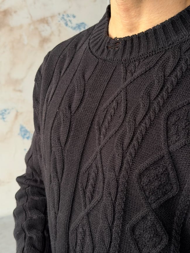 Crop Kesim Örgü Desenli Triko Siyah