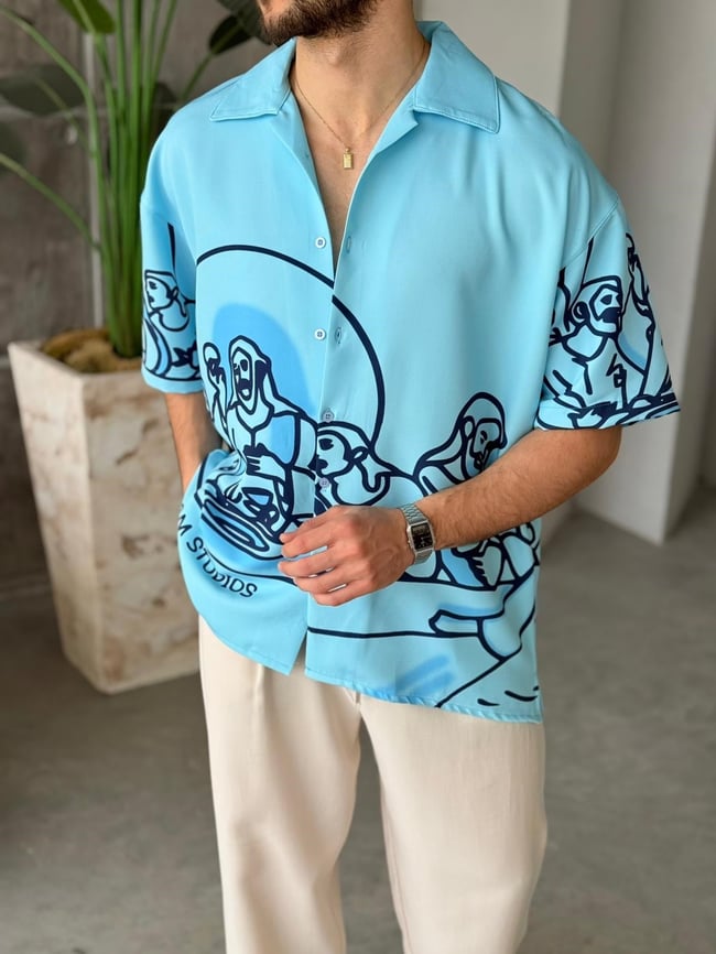 DA VİNCİ Desenli Dubble Hürrem Kumaş Oversize Gömlek T