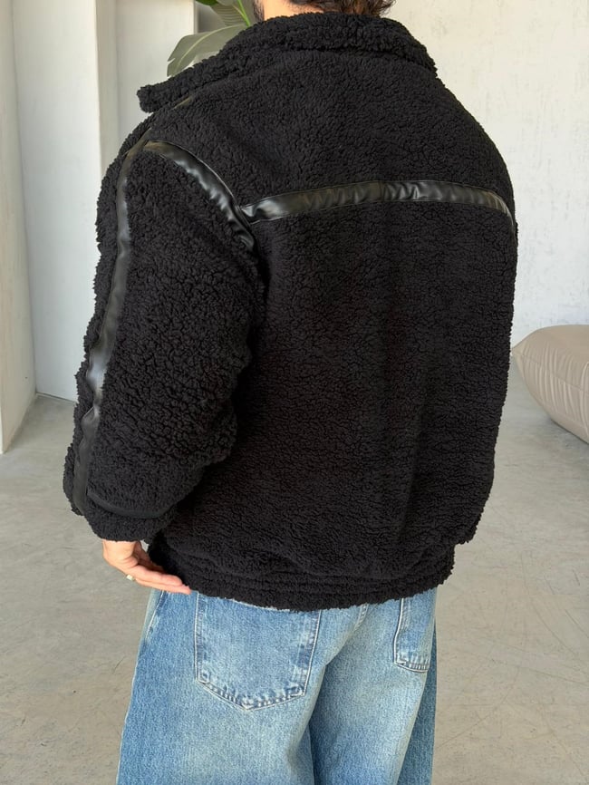 Deri Şerit Detaylı Peluş Fermuarlı Mont S - SİYAH