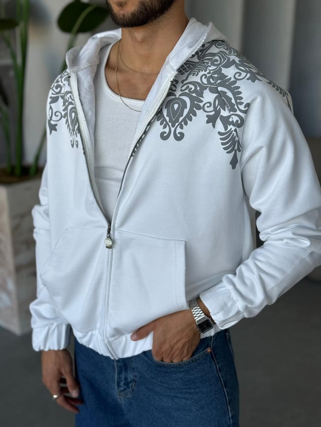 Desenli Baskı Kapüşonlu Sweatshirt Beyaz