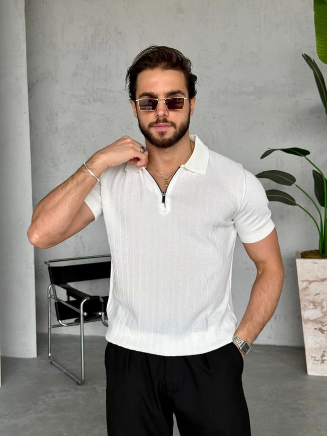 Desenli Fermuarlı Polo Yaka Triko - Beyaz