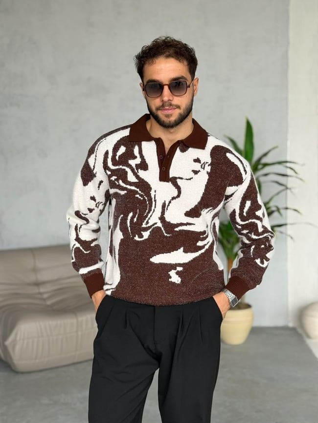 Desenli Polo Yaka Kazak V Kahve