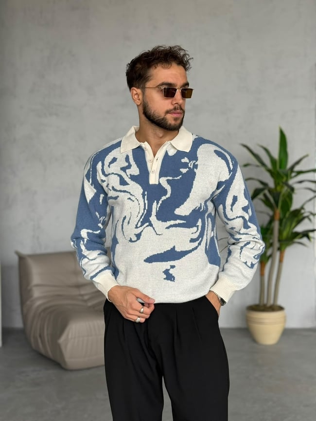 Desenli Polo Yaka Kazak V Mavi