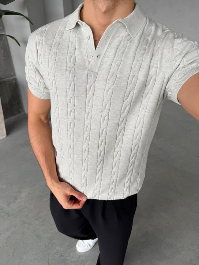 Desenli Polo Yaka Triko G - Gri