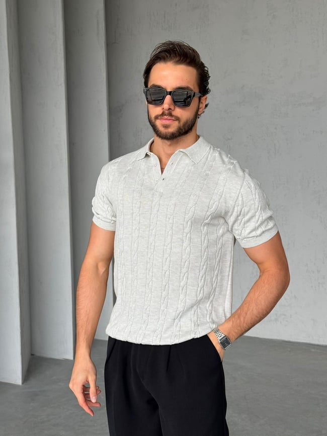 Desenli Polo Yaka Triko G - Gri