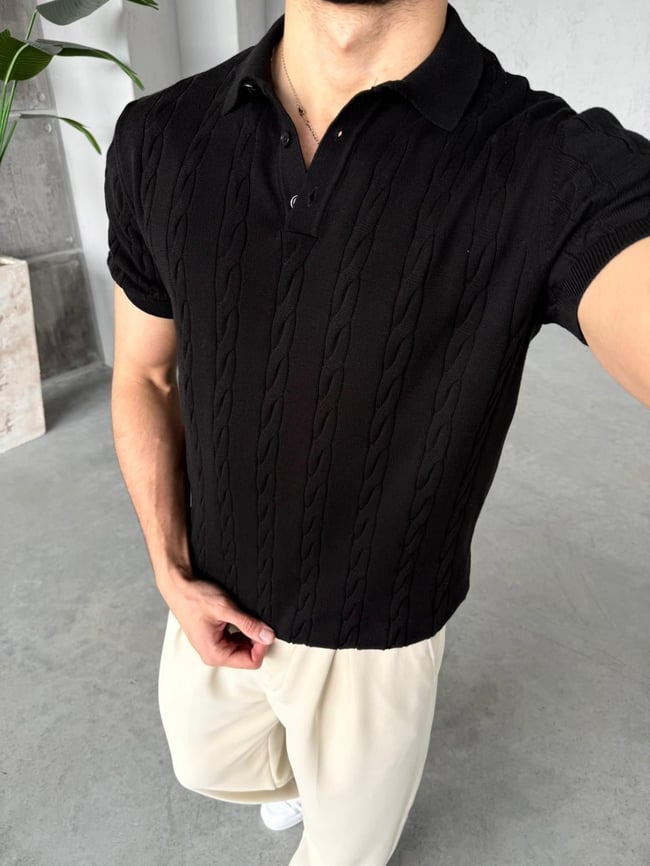Desenli Polo Yaka Triko G - Siyah
