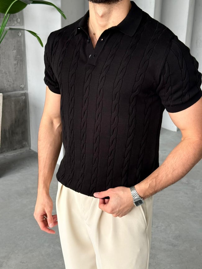 Desenli Polo Yaka Triko G - Siyah