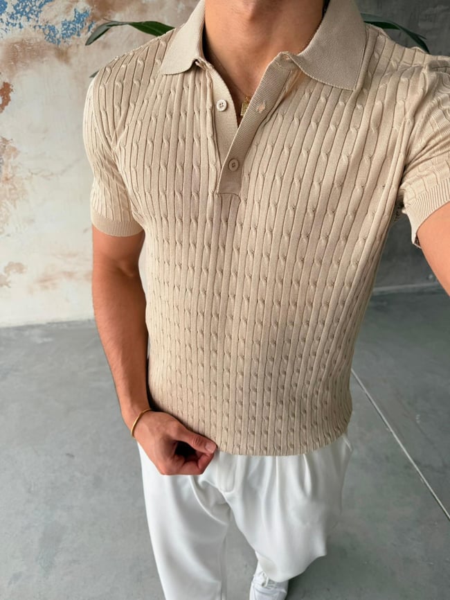 Desenli Polo Yaka Triko V - Bej