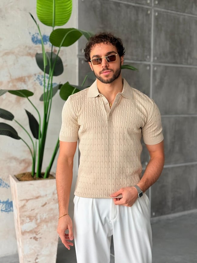 Desenli Polo Yaka Triko V - Bej