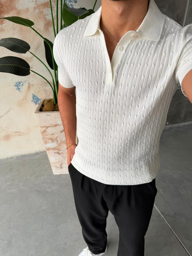Desenli Polo Yaka Triko V - Beyaz