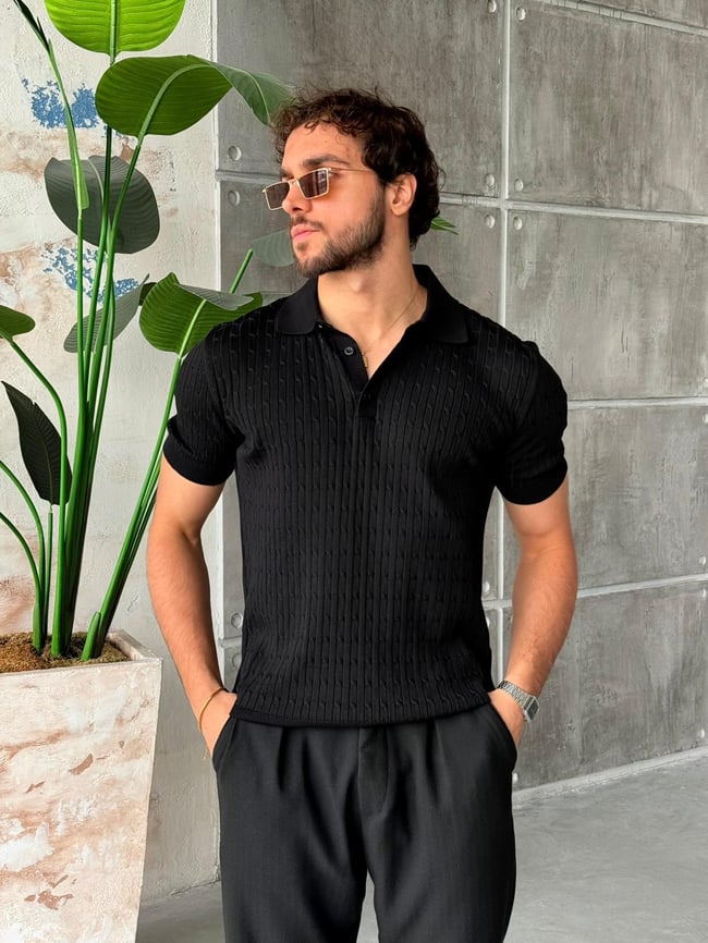 Desenli Polo Yaka Triko V - Siyah
