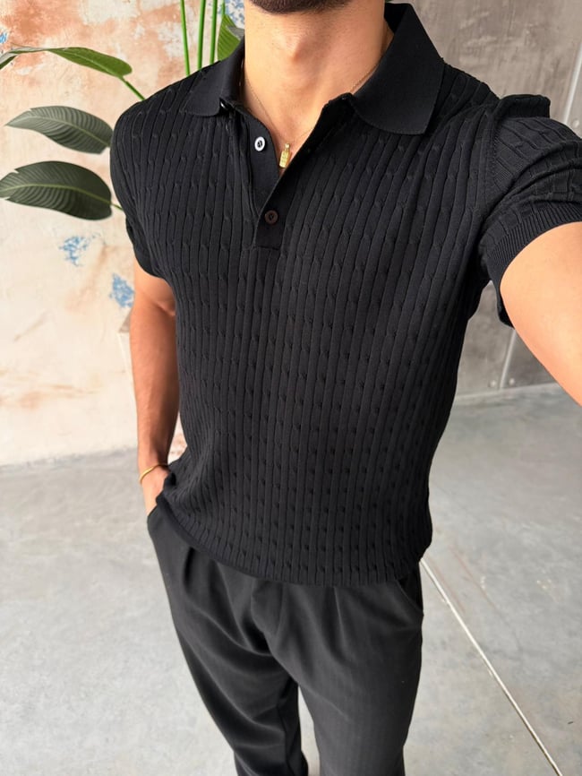 Desenli Polo Yaka Triko V - Siyah