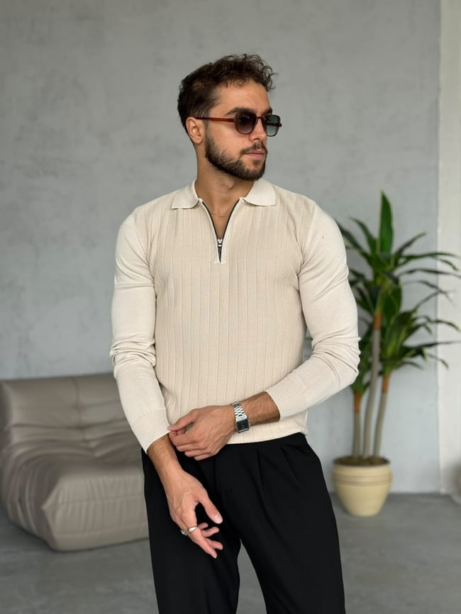 Desenli Yarım Fermuarlı Polo Yaka V Krem