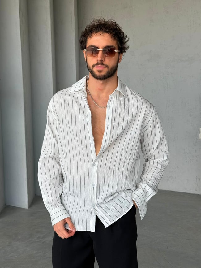 Dik Çizgili Oversize Gömlek M - Beyaz