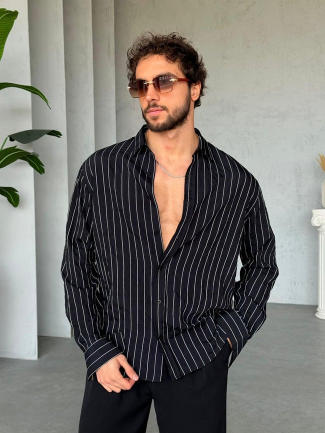 Dik Çizgili Oversize Gömlek M - Siyah