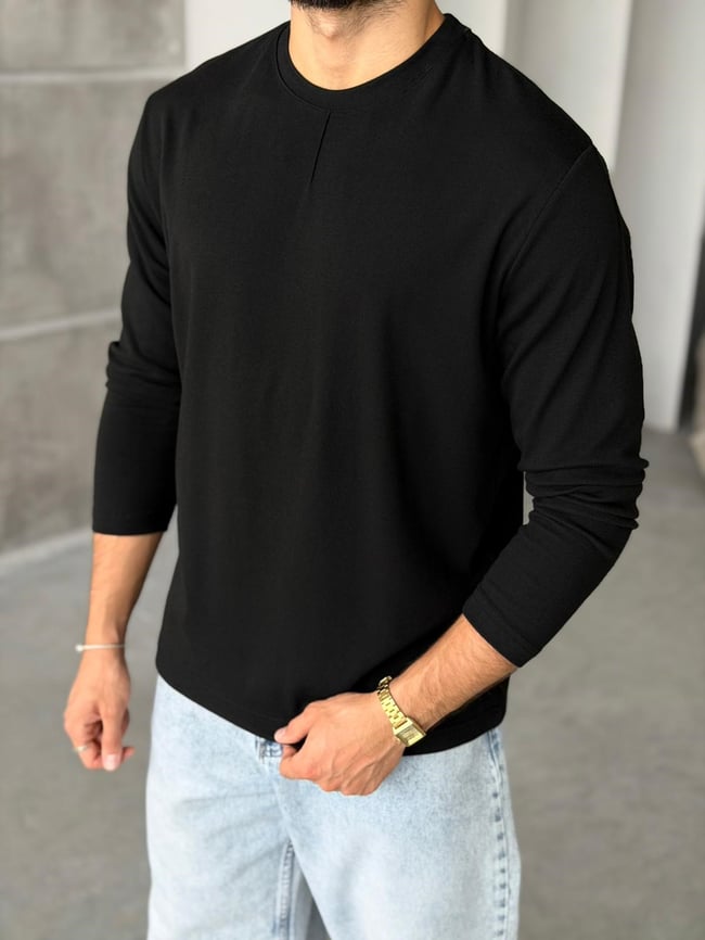 Dikiş Detaylı Pamuk Basıc Regular Sweat M - SİYAH