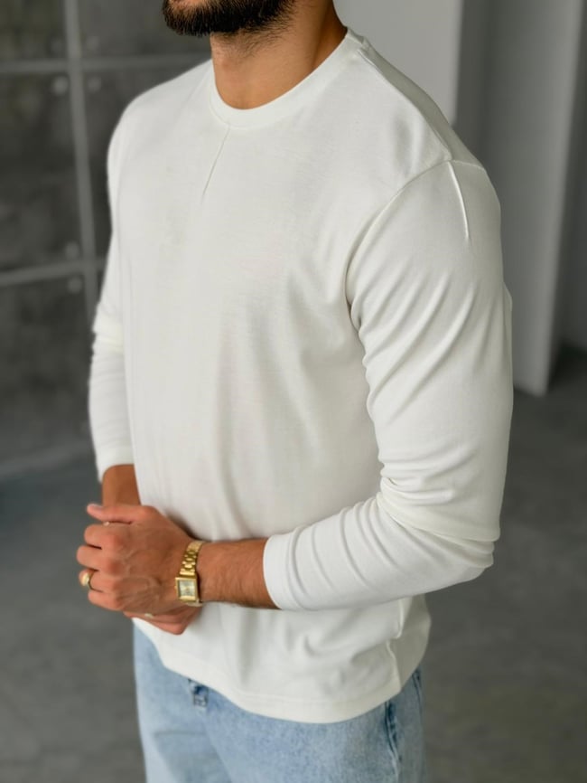 Dikiş Detaylı Pamuk Basıc Regular Sweat M - BEYAZ