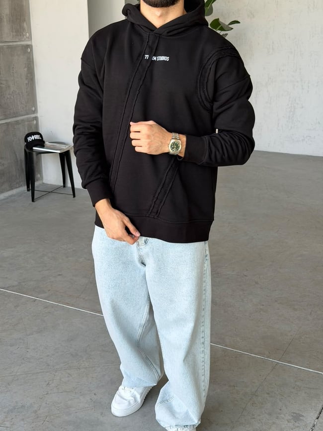 Dış Dikiş Detaylı Oversize Kapüşonlu Sweat T Siyah