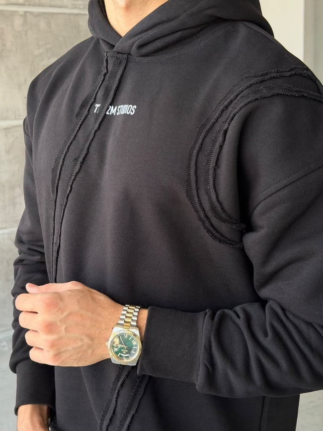 Dış Dikiş Detaylı Oversize Kapüşonlu Sweat T Siyah