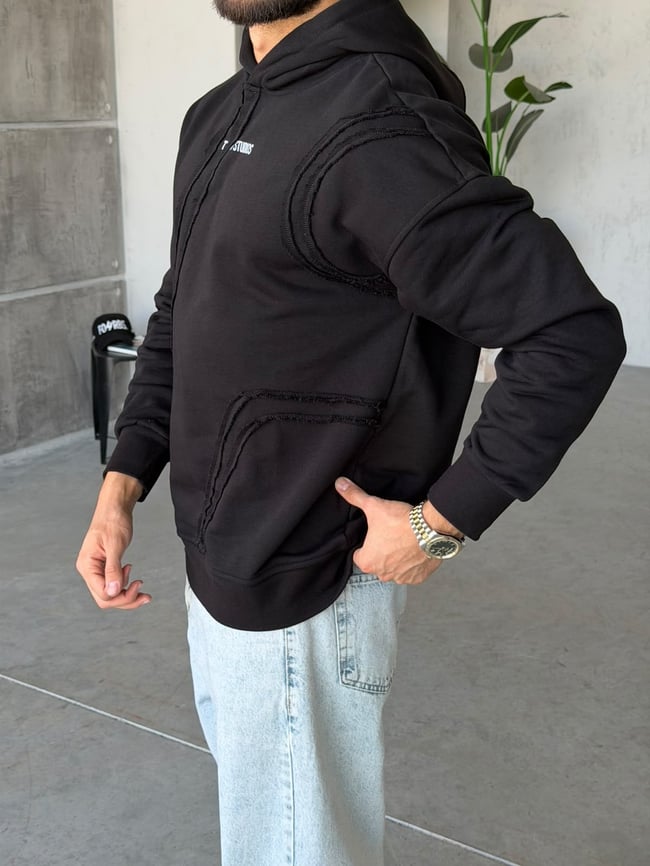 Dış Dikiş Detaylı Oversize Kapüşonlu Sweat T Siyah