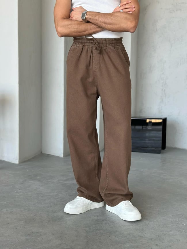 Dokulu Gabardin Baggy Pantolon Kahve  W