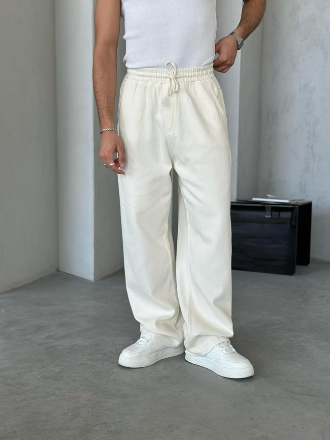 Dokulu Gabardin Baggy Pantolon Krem  W