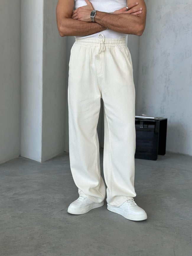 Dokulu Gabardin Baggy Pantolon Krem  W