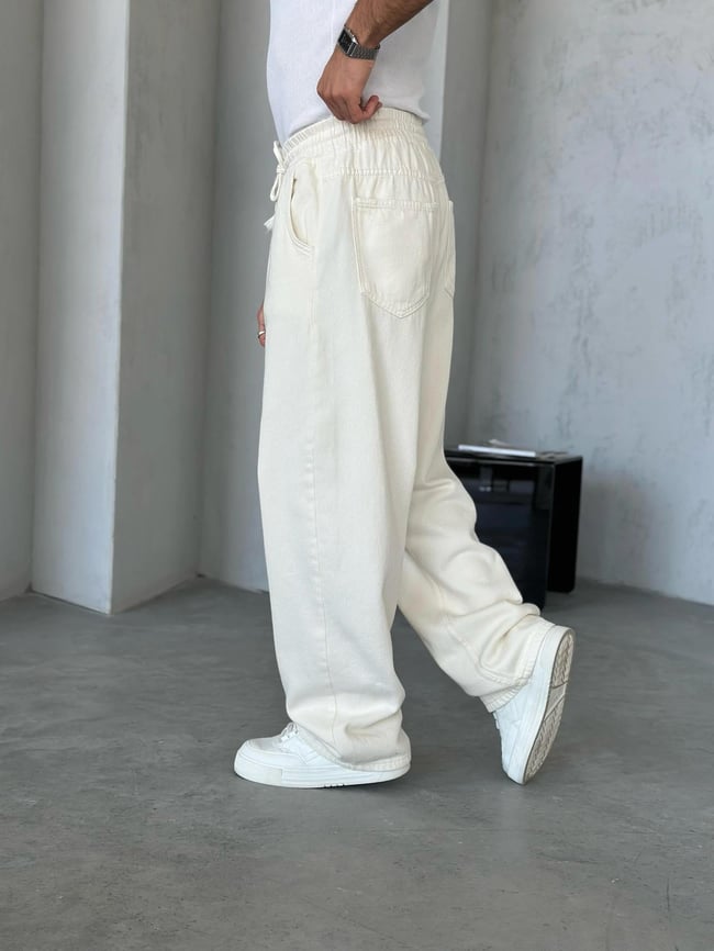 Dokulu Gabardin Baggy Pantolon Krem  W