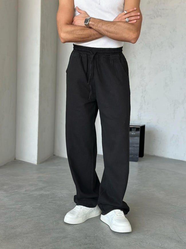 Dokulu Gabardin Baggy Pantolon Siyah W