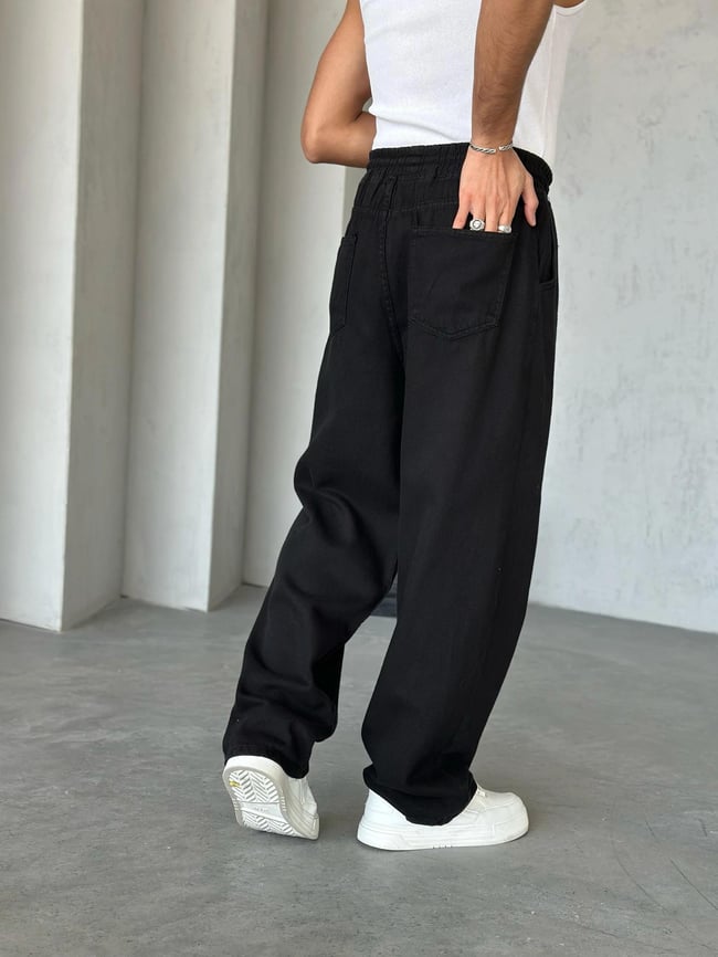 Dokulu Gabardin Baggy Pantolon Siyah W