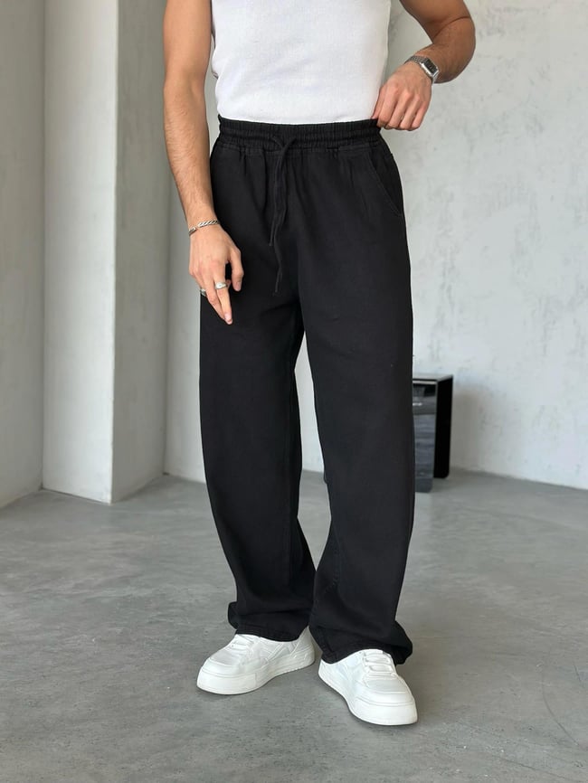 Dokulu Gabardin Baggy Pantolon Siyah W