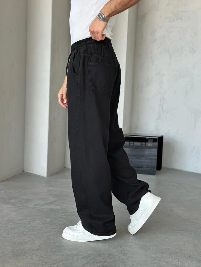 Dokulu Gabardin Baggy Pantolon Siyah W