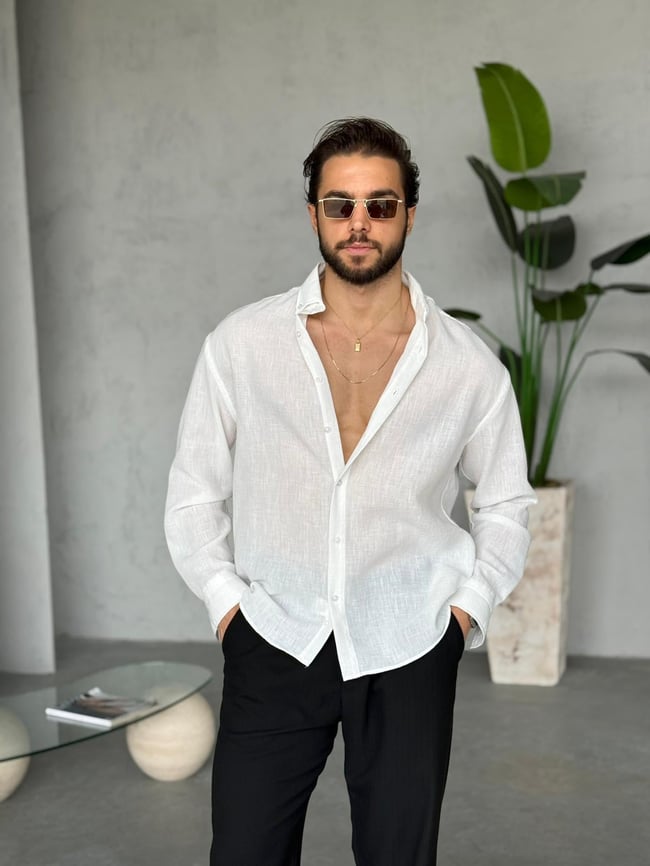 Dokulu Oversize Gömlek K - Beyaz