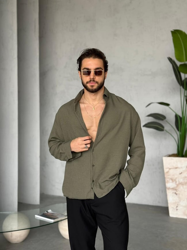 Dokulu Oversize Gömlek K - Haki