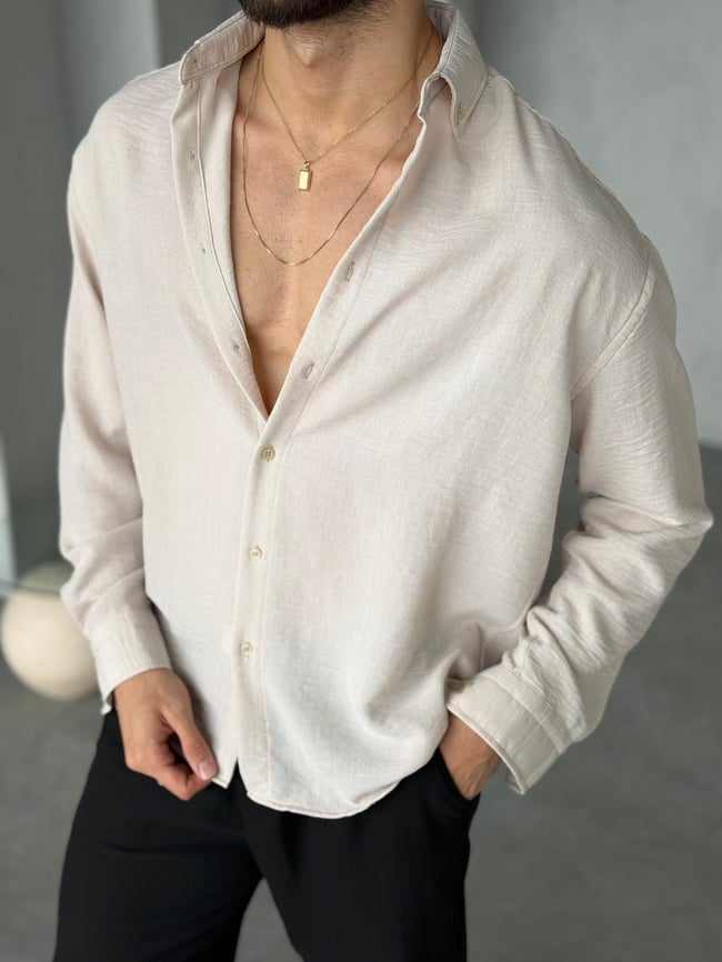 Dokulu Oversize Gömlek K - Krem