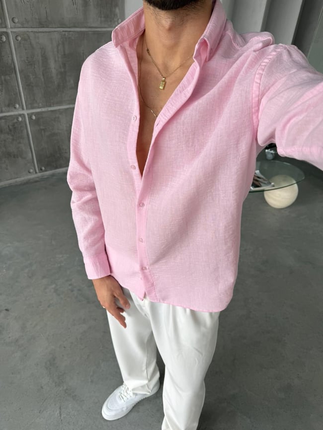 Dokulu Oversize Gömlek K - Pembe