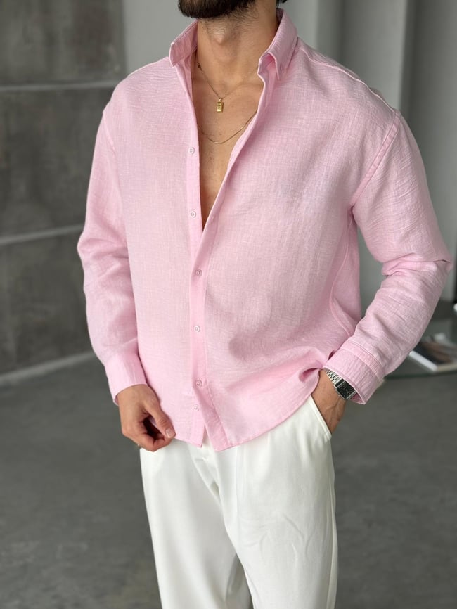 Dokulu Oversize Gömlek K - Pembe
