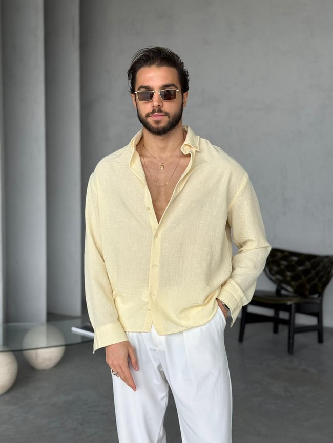 Dokulu Oversize Gömlek K - Sarı