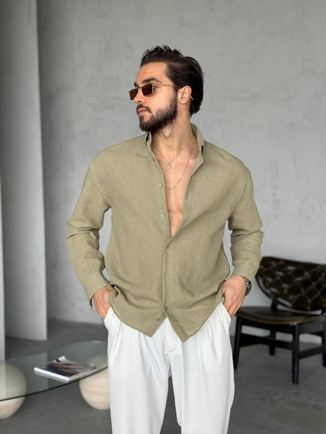 Dokulu Oversize Gömlek K - Yeşil