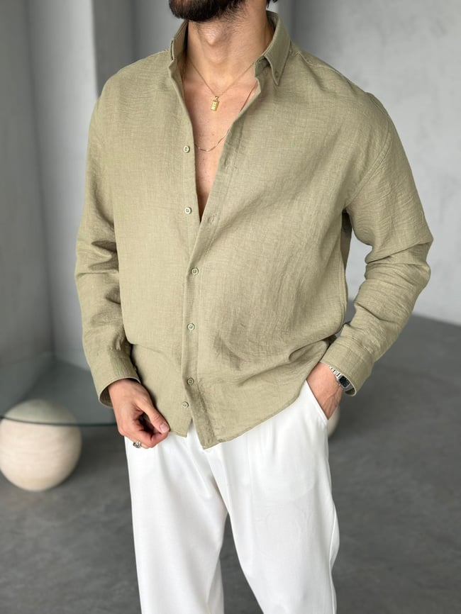Dokulu Oversize Gömlek K - Yeşil