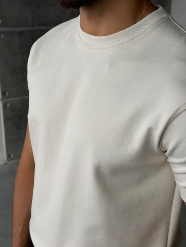 Dubble Face Kumaş Basıc T-shirt Krem