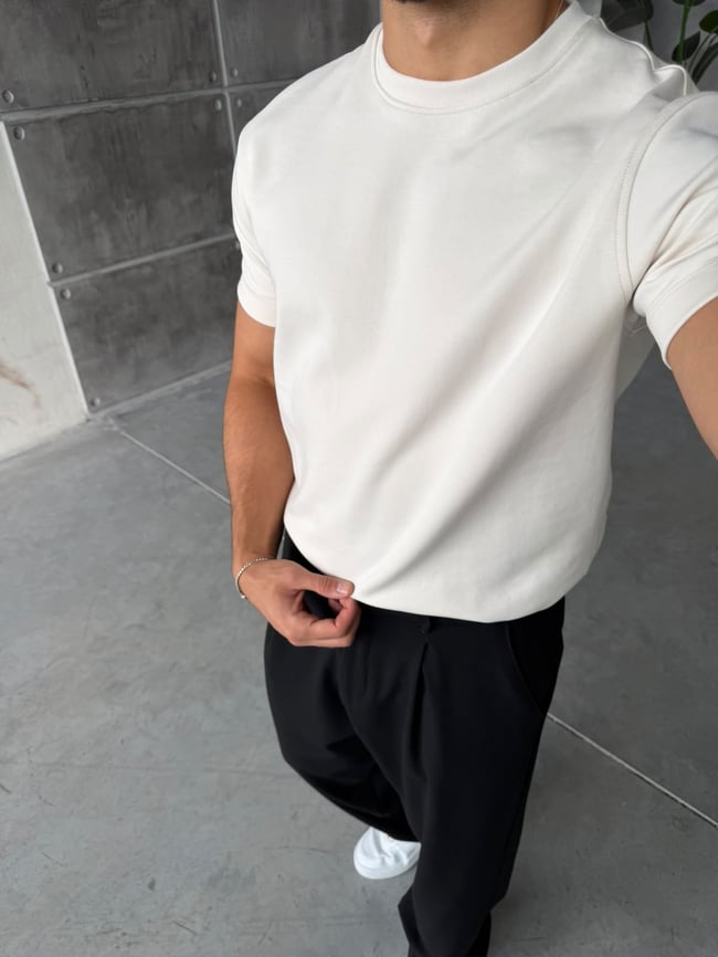 Dubble Face Kumaş Basıc T-shirt Krem