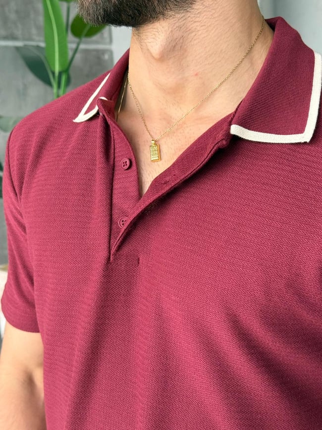 Düğmeli Polo Yaka Triko M - Bordo