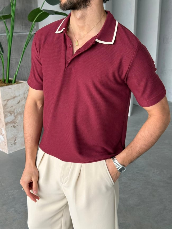 Düğmeli Polo Yaka Triko M - Bordo